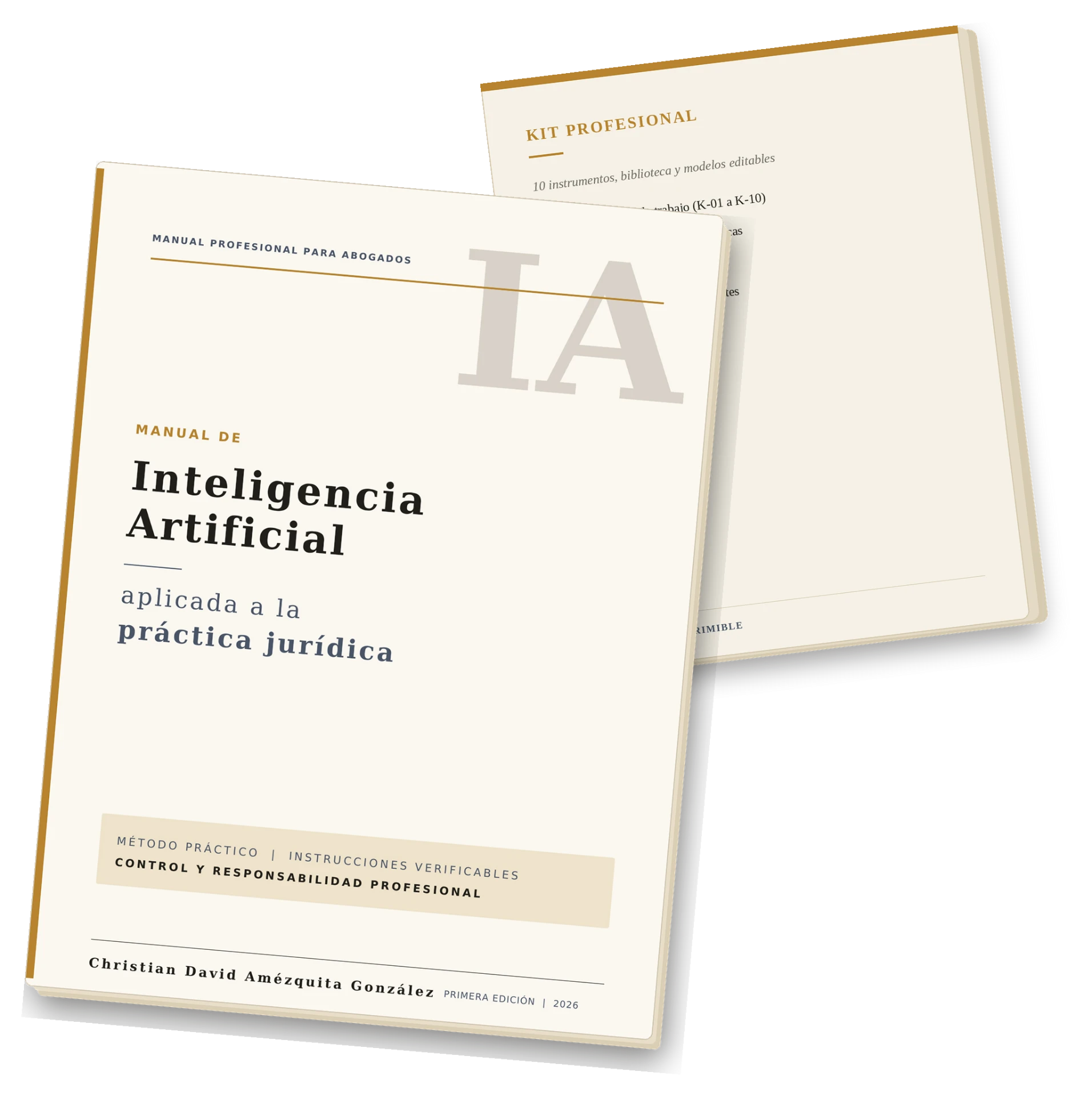Mockup del Manual de Inteligencia Artificial aplicada a la práctica jurídica junto al kit profesional editable