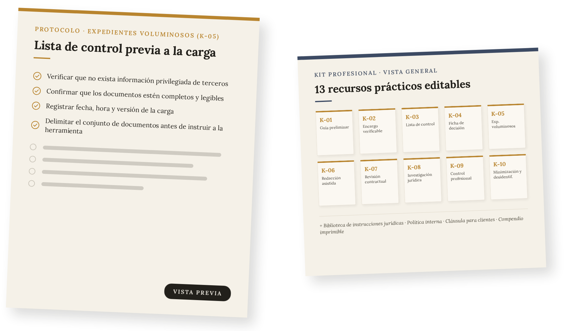 Vista previa del protocolo de expedientes voluminosos y del kit profesional de 13 recursos prácticos editables